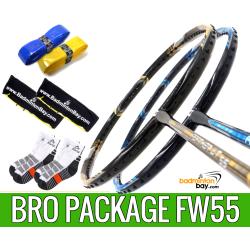 Bro Package FW55 : 2 pieces Apacs Feather Weight 55 8U Worlds Lightest Badminton Racket + 2 pcs Karakal Grips + 2 Fabric Bags + 2 pairs socks