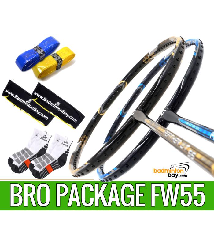 Bro Package FW55 : 2 pieces Apacs Feather Weight 55 8U Worlds Lightest Badminton Racket + 2 pcs Karakal Grips + 2 Fabric Bags + 2 pairs socks