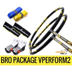 Bro Package VPERFORM2 : 2 pieces Apacs Virtuoso Performance Black 3U Badminton Racket + 2 pcs Karakal Grips + 2 Fabric Covers + 2 pairs socks