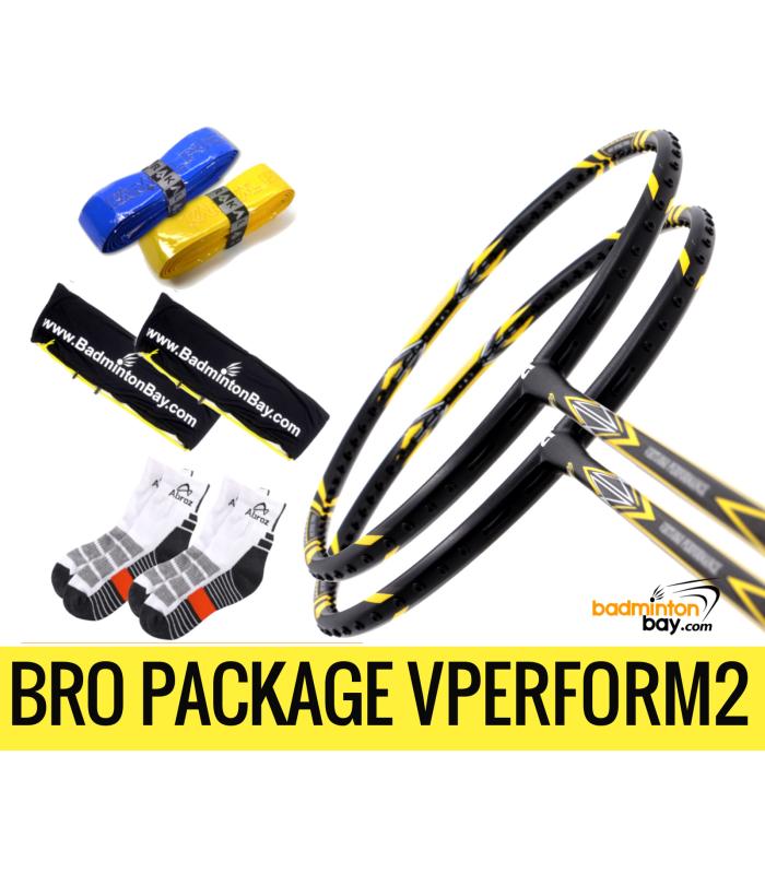 Bro Package VPERFORM2 : 2 pieces Apacs Virtuoso Performance Black 3U Badminton Racket + 2 pcs Karakal Grips + 2 Fabric Covers + 2 pairs socks