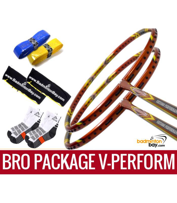 Bro Package V-PERFORM: 2 pieces Apacs Virtuoso Performance Orange 3U Badminton Racket + 2 pieces Karakal Grips +  2 Fabric Covers + 2 pairs socks