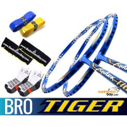 Bro Package SHARK TIGER: 2x Abroz Shark Tiger Badminton Racket + 2 pcs Karakal Grips + 2 Fabric Bags + 2 pairs socks