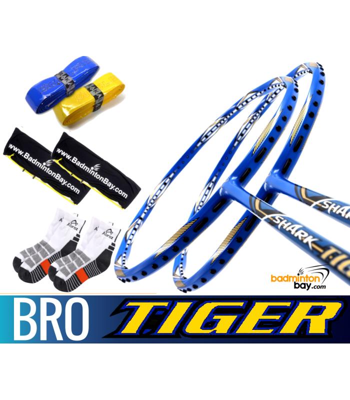 Bro Package SHARK TIGER: 2x Abroz Shark Tiger Badminton Racket + 2 pcs Karakal Grips + 2 Fabric Bags + 2 pairs socks