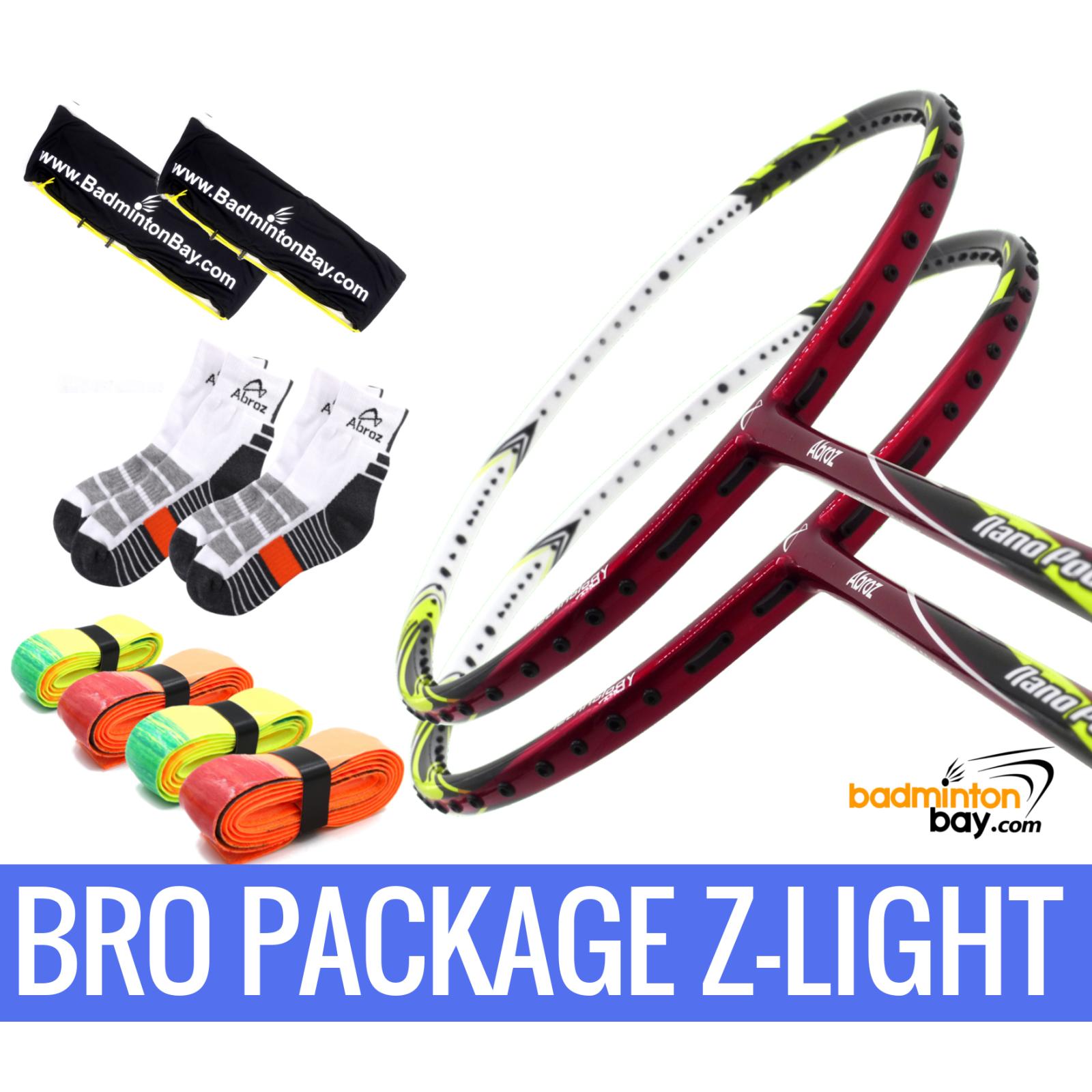 Bro Package Z-LIGHT: 2 pieces Abroz Nano Power Z-Light 6U Badminton Racket  + 4 pieces Abroz PU Grips + 2 Fabric covers + 2 pairs socks