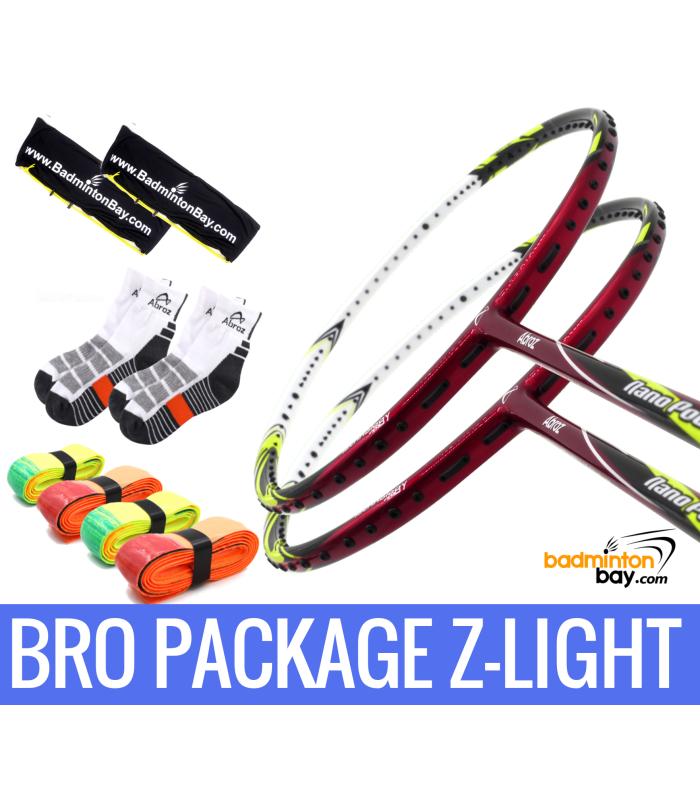 Bro Package Z-LIGHT: 2 pieces Abroz Nano Power Z-Light 6U Badminton Racket + 4 pieces Abroz PU Grips + 2 Fabric covers + 2 pairs socks