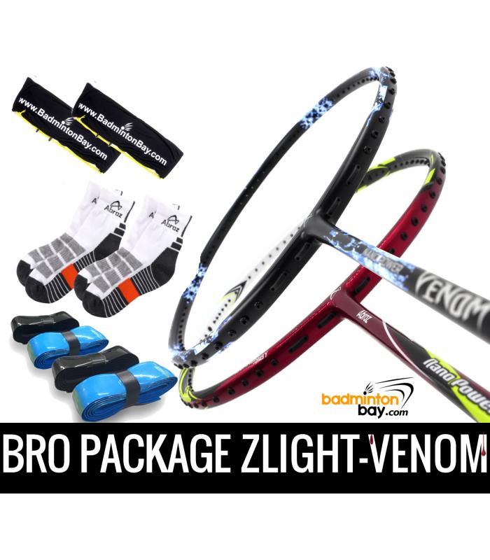 Bro Package ZLIGHT-VENOM: Abroz Z-Light + Abroz Venom II Badminton Rackets + 4 pieces Abroz PU Grips + 2 Fabric covers + 2 pairs socks