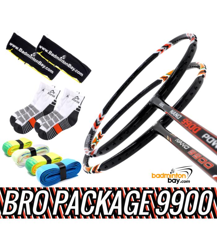 Bro Package 9900: Apacs Nano 9900 (4U) + Abroz Nano 9900 Power (5U) Badminton Rackets + 4 pieces Abroz PU Grips + 2 Fabric covers + 2 pairs socks