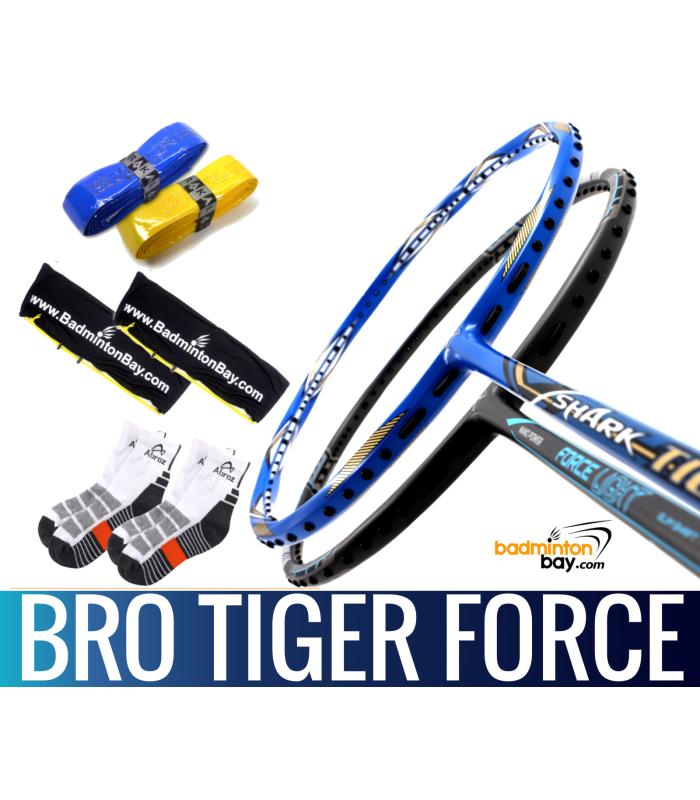 Bro Package TIGER FORCE: Abroz Shark Tiger + Abroz Nano Power Force Light Badminton Racket + 2 pcs Karakal Grips + 2 Fabric Bags + 2 pairs socks