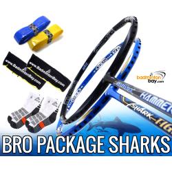Bro Package SHARKS: Abroz Shark Tiger + Abroz Shark Hammerhead Badminton Racket + 2 pcs Karakal Grips + 2 Fabric Bags + 2 pairs socks