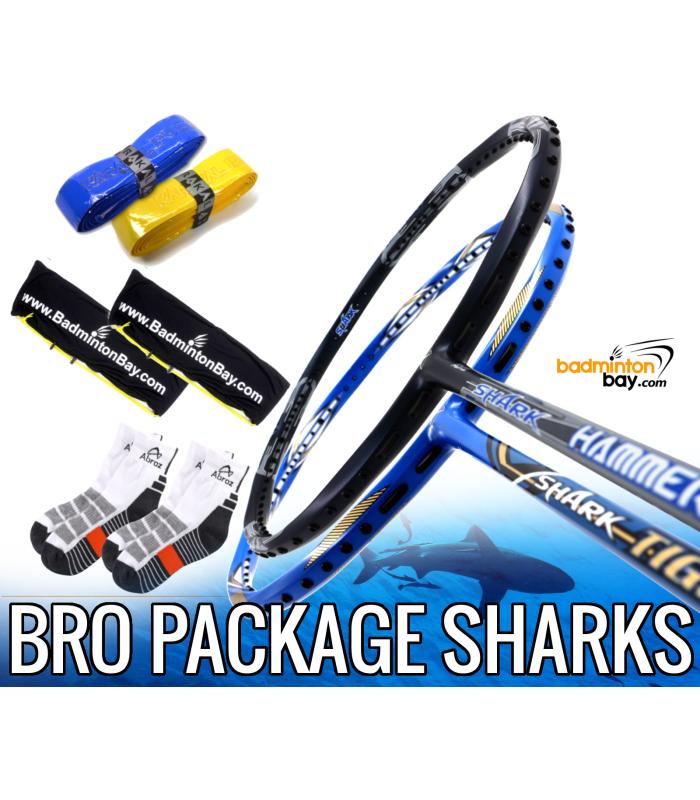 Bro Package SHARKS: Abroz Shark Tiger + Abroz Shark Hammerhead Badminton Racket + 2 pcs Karakal Grips + 2 Fabric Bags + 2 pairs socks