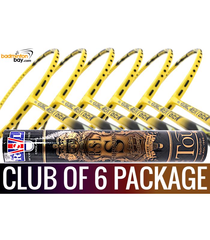 Club Package - 1 Tube RSL Supreme Shuttlecocks + 6 pieces rackets - Abroz Exonic Nextgen Yellow Black Badminton Racket (5U)