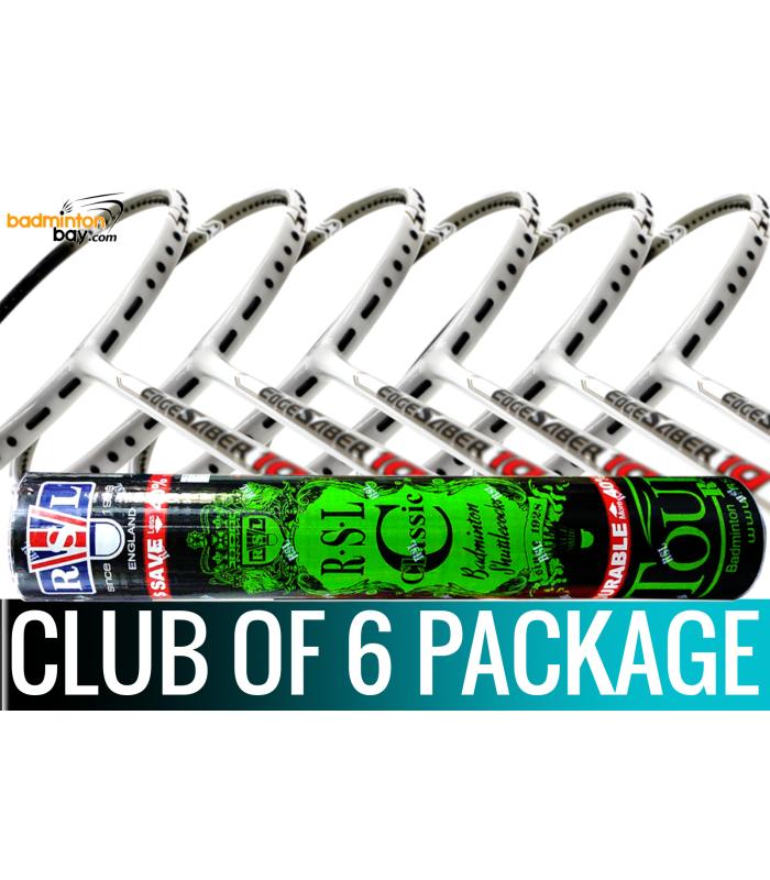 Club Package - 1 Tube RSL Classic Shuttlecocks + 6 pieces rackets - Apacs EdgeSaber 10 White Badminton Racket (4U)