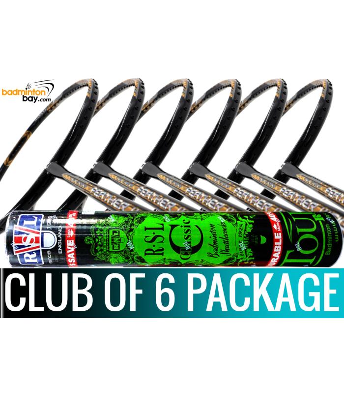 Club Package - 1 Tube RSL Classic Shuttlecocks + 6 pieces rackets - Apacs Feather Weight X Special (XS) Black Gold Badminton Racket (8U) 