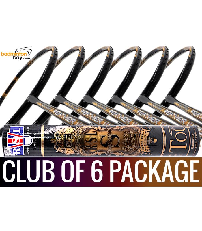 Club Package - 1 Tube RSL Supreme Shuttlecocks + 6 pieces rackets - Apacs Feather Weight X Special (XS) Black Gold Badminton Racket (8U) 
