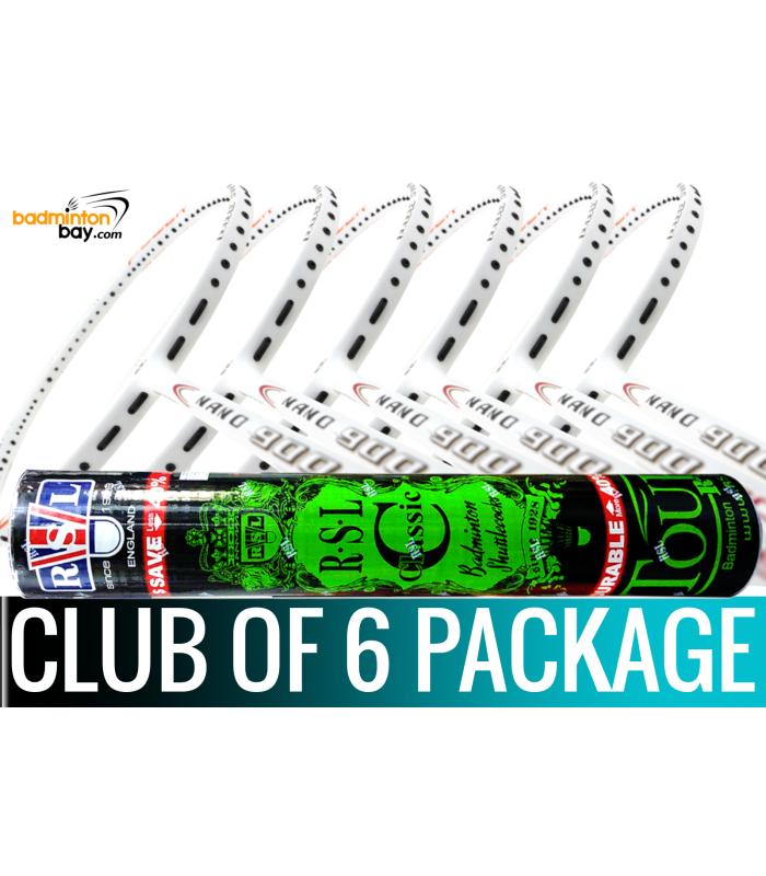 Club Package - 1 Tube RSL Classic Shuttlecocks + 6 pieces rackets - Apacs Nano 900 Power White Badminton Racket (4U)