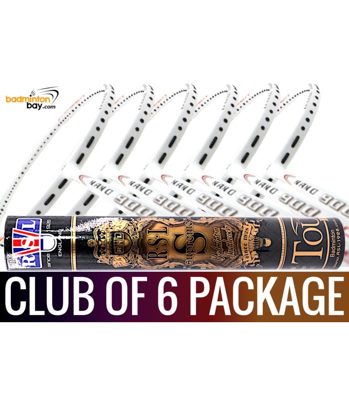 Club Package - 1 Tube RSL Supreme Shuttlecocks + 6 pieces rackets - Apacs Nano 900 Power White Badminton Racket (4U)