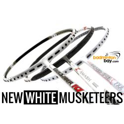 New WHITE Musketeers : 1x Abroz NP Z-Smash, 1x Apacs NFS 722 White ,1x Apacs Edgesaber 10 White Badminton Rackets