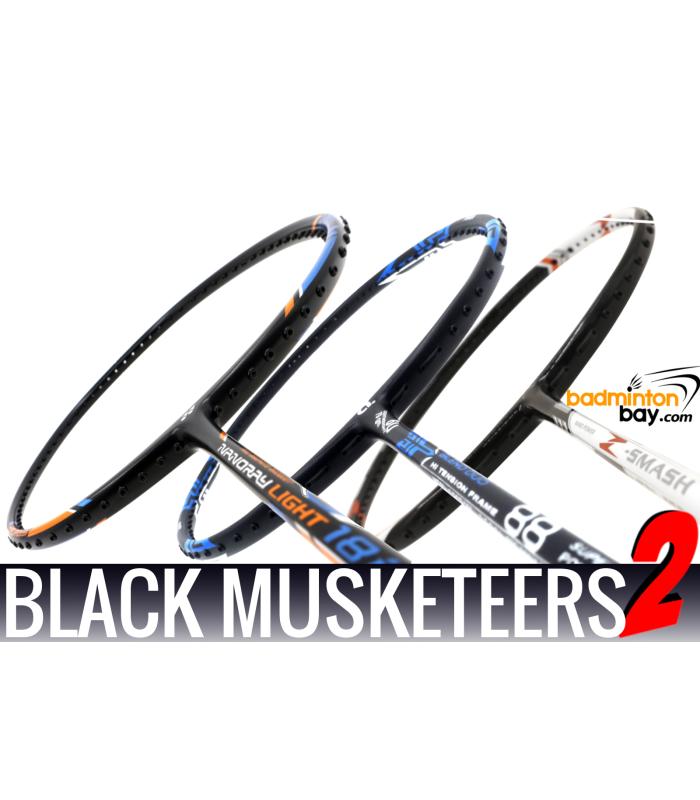 Black Musketeers 2 : 1x Abroz Nano Power Z-Smash 1x Yonex Nanoray Light 18i, 1x Apacs Blend Duo 88 Black Badminton Rackets