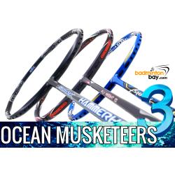 Ocean Musketeers 3: 1x Abroz Shark Hammerhead, 1x Apacs Flyweight 10 Navy, 1x Abroz Shark Tiger Badminton Racket