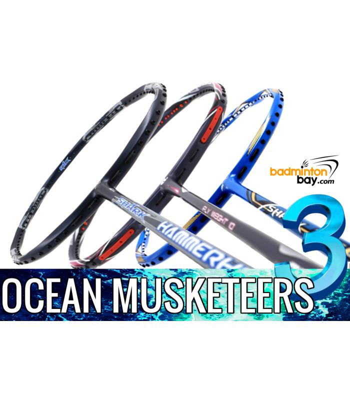 Ocean Musketeers 3: 1x Abroz Shark Hammerhead, 1x Apacs Flyweight 10 Navy, 1x Abroz Shark Tiger Badminton Racket