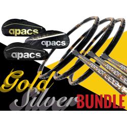 Gold Silver Bundle: Apacs High Quality 2-Compartment Bag + 3 Pieces Rackets - Apacs Feather Weight X SPECIAL (XS) Black Gold Badminton Racket (8U) Worlds Lightest