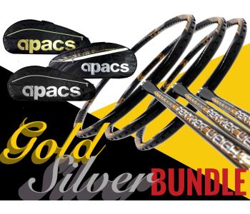 Gold Silver Bundle: Apacs High Quality 2-Compartment Bag + 3 Pieces Rackets - Apacs Feather Weight X SPECIAL (XS) Black Gold Badminton Racket (8U) Worlds Lightest