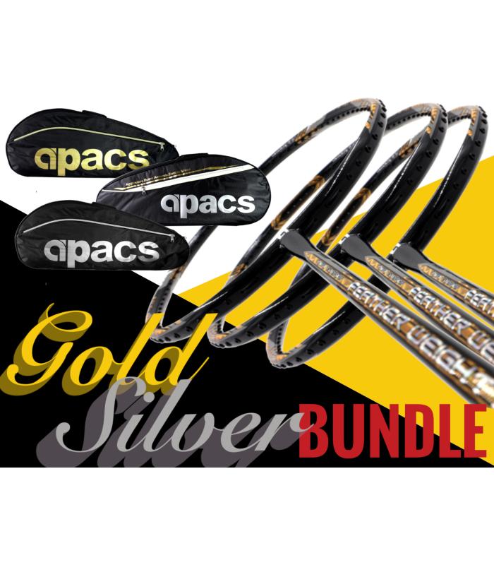 Gold Silver Bundle: Apacs High Quality 2-Compartment Bag + 3 Pieces Rackets - Apacs Feather Weight X SPECIAL (XS) Black Gold Badminton Racket (8U) Worlds Lightest