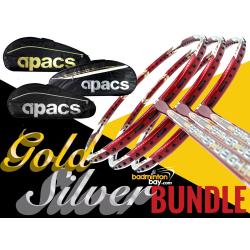 Gold Silver Bundle: Apacs High Quality 2-Compartment Bag + 3 Pieces Rackets - Apacs Feather Weight X II Red Gold Badminton Racket (8U) Worlds Lightest