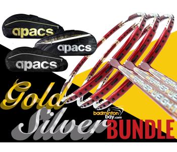 Gold Silver Bundle: Apacs High Quality 2-Compartment Bag + 3 Pieces Rackets - Apacs Feather Weight X II Red Gold Badminton Racket (8U) Worlds Lightest