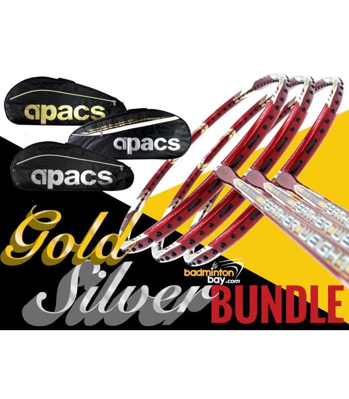 Gold Silver Bundle: Apacs High Quality 2-Compartment Bag + 3 Pieces Rackets - Apacs Feather Weight X II Red Gold Badminton Racket (8U) Worlds Lightest