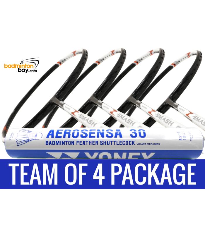 Team Package: 1 Tube Yonex AS30 Shuttlecocks + 4 Rackets - Abroz Nano Power Z-Smash 6U Badminton Racket