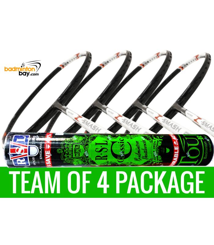 Team Package: 1 Tube RSL Classic Shuttlecocks + 4 Rackets - Abroz Nano Power Z-Smash 6U Badminton Racket