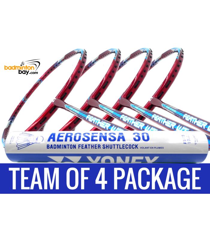 Team Package: 1 Tube Yonex AS30 Shuttlecocks + 4 Rackets - Apacs Feather Weight 55 Red 8U Badminton Racket