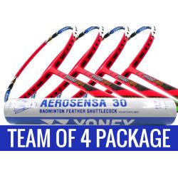 Team Package: 1 Tube Yonex AS30 Shuttlecocks + 4 Rackets - Apacs Virtuoso Light Red Badminton Racket