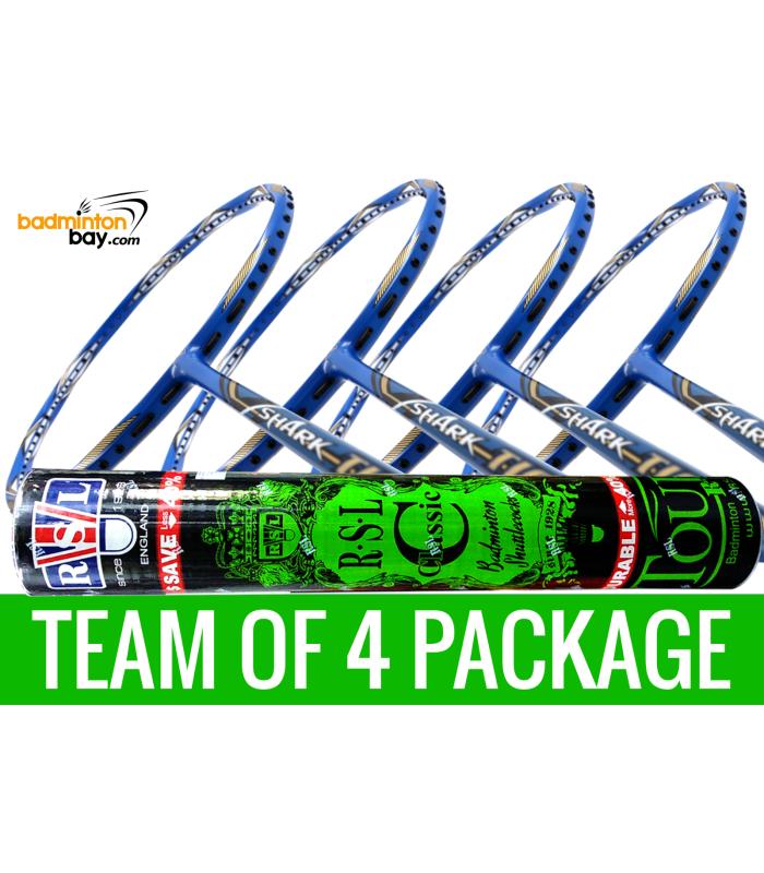 Team Package: 1 Tube RSL Classic Shuttlecocks + 4 Rackets - Abroz Shark Tiger 6U Badminton Racket