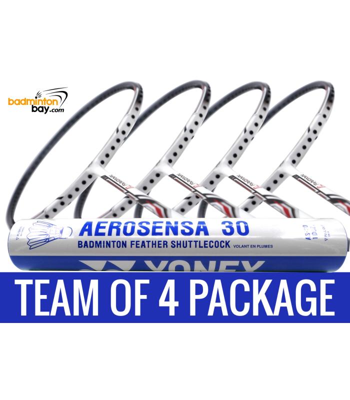 Team Package: 1 Tube Yonex AS30 Shuttlecocks + 4 Rackets - Yonex Nanoray 7 Cool White (4U-G5) Badminton Racket