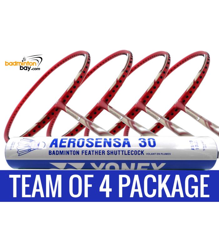 Team Package: 1 Tube Yonex AS30 Shuttlecocks + 4 Rackets - Yonex Nanoray 7 Deep Red (4U-G5) Badminton Racket