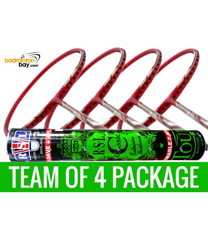 Team Package: 1 Tube RSL Classic Shuttlecocks + 4 Rackets - Yonex Nanoray 7 Deep Red (4U-G5) Badminton Racket