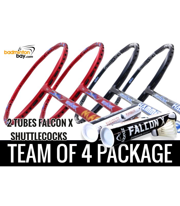 Team Package: 2 Tubes Abroz Falcon X Shuttlecocks + 4 Rackets - Abroz Shark Mach II (6U) + Abroz Shark Hammerhead Badminton Racket (6U)