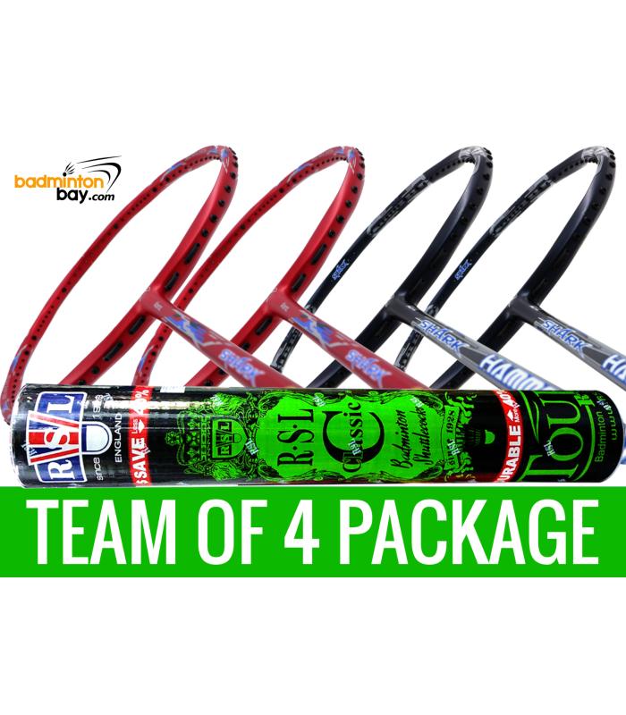 Team Package: 1 Tube RSL Classic Shuttlecocks + 4 Rackets - Abroz Shark Mach II (6U) + Abroz Shark Hammerhead Badminton Racket (6U)