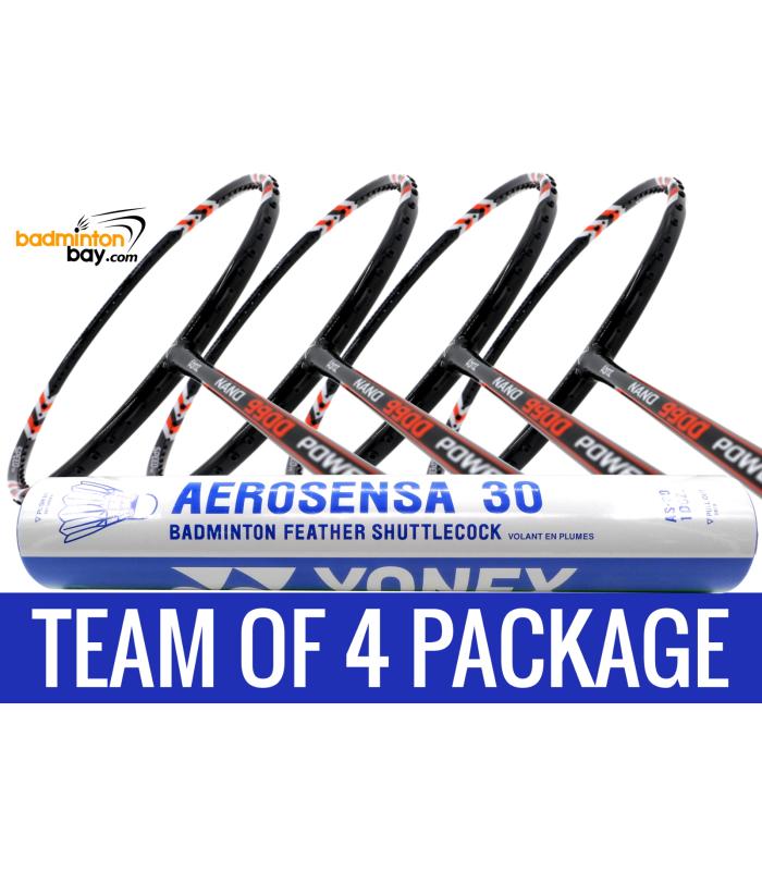 Team Package: 1 Tube Yonex AS30 Shuttlecocks + 4 Rackets - Abroz Nano 9900 Power 5U Badminton Racket