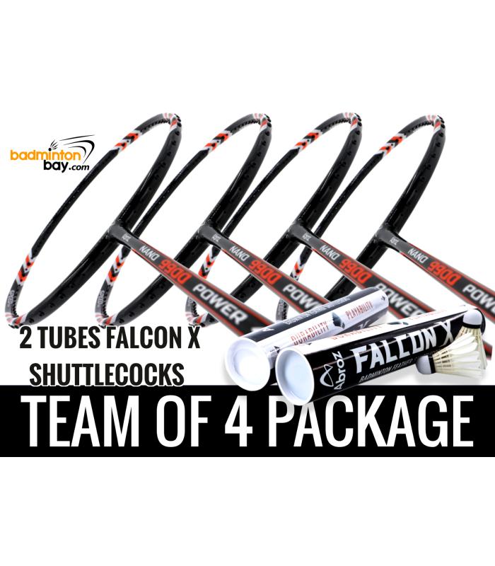 Team Package: 2 Tubes Abroz Falcon X Shuttlecocks + 4 Rackets - Abroz Nano 9900 Power Badminton Racket (5U)