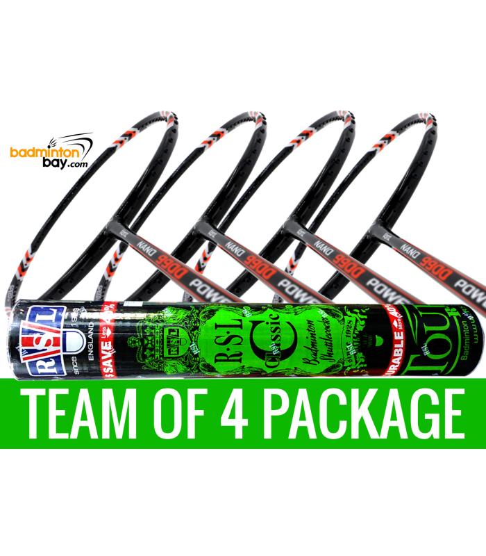 Team Package: 1 Tube RSL Classic Shuttlecocks + 4 Rackets - Abroz Nano 9900 Power 5U Badminton Racket