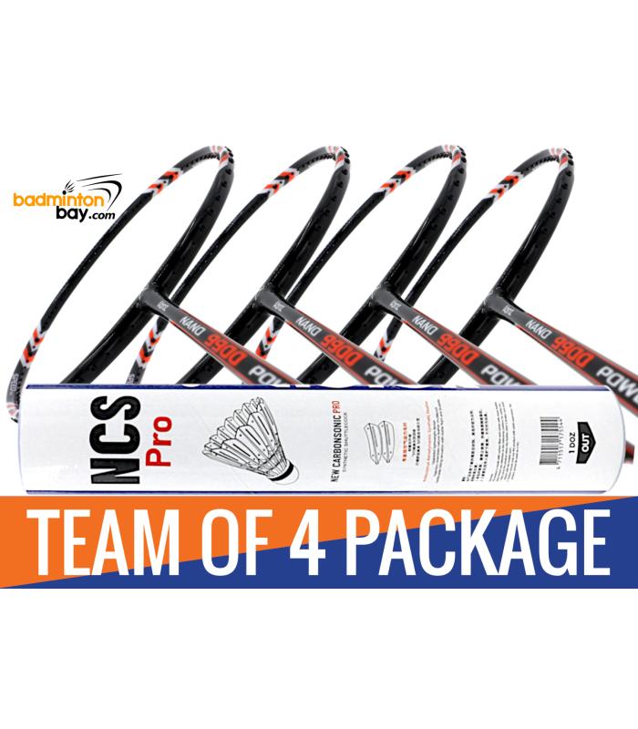 Team Package: 1 Tube Victor NCS Pro Synthetic Feather Shuttlecocks + 4 Rackets - Abroz Nano 9900 Power 5U Badminton Racket