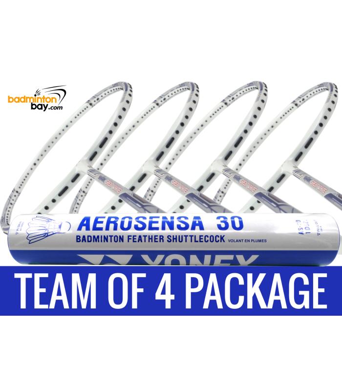 Team Package: 1 Tube Yonex AS30 Shuttlecocks + 4 Rackets - Abroz Shark Great White Badminton Racket (6U)