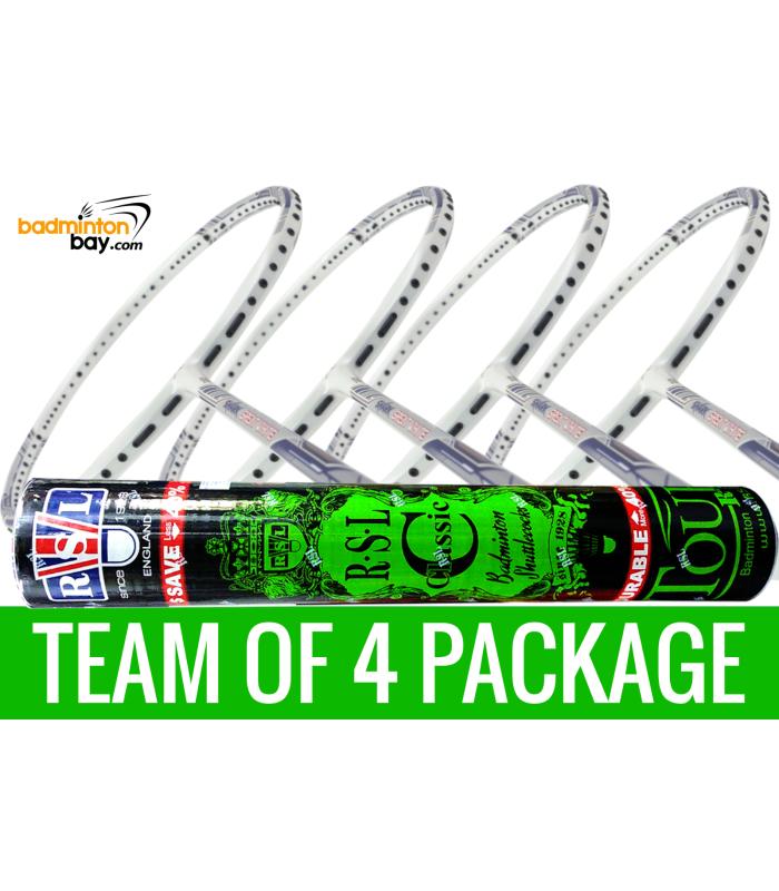 Team Package: 1 Tube RSL Classic Shuttlecocks + 4 Rackets - Abroz Shark Great White Badminton Racket (6U)