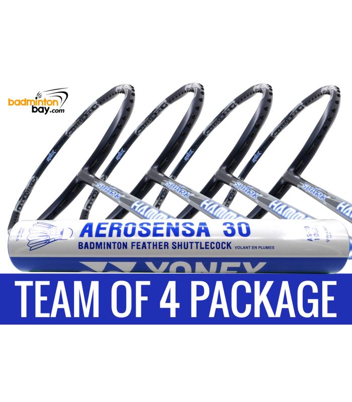 Team Package: 1 Tube Yonex AS30 Shuttlecocks + 4 Rackets - Abroz Shark Hammerhead Badminton Racket (6U)