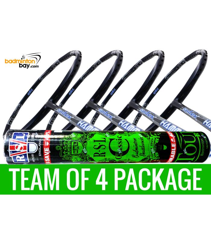 Team Package: 1 Tube RSL Classic Shuttlecocks + 4 Rackets - Abroz Shark Hammerhead Badminton Racket (6U)