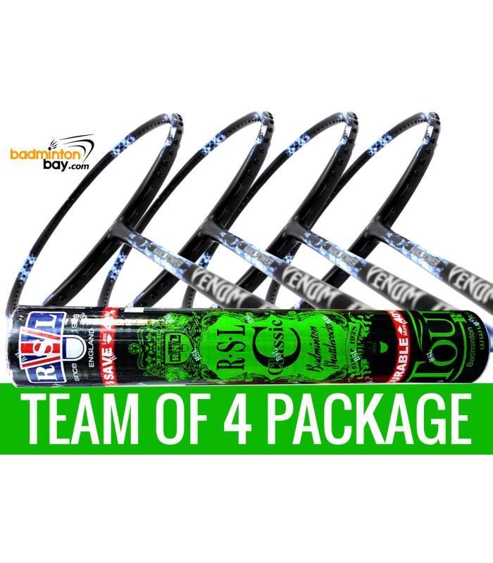 Team Package: 1 Tube RSL Classic Shuttlecocks + 4 Rackets - Abroz Nano Power Venom II 6U Badminton Racket