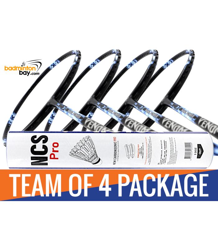 Team Package: 1 Tube Victor NCS Pro Synthetic Shuttlecocks + 4 Rackets - Abroz Nano Power Venom II 6U Badminton Racket